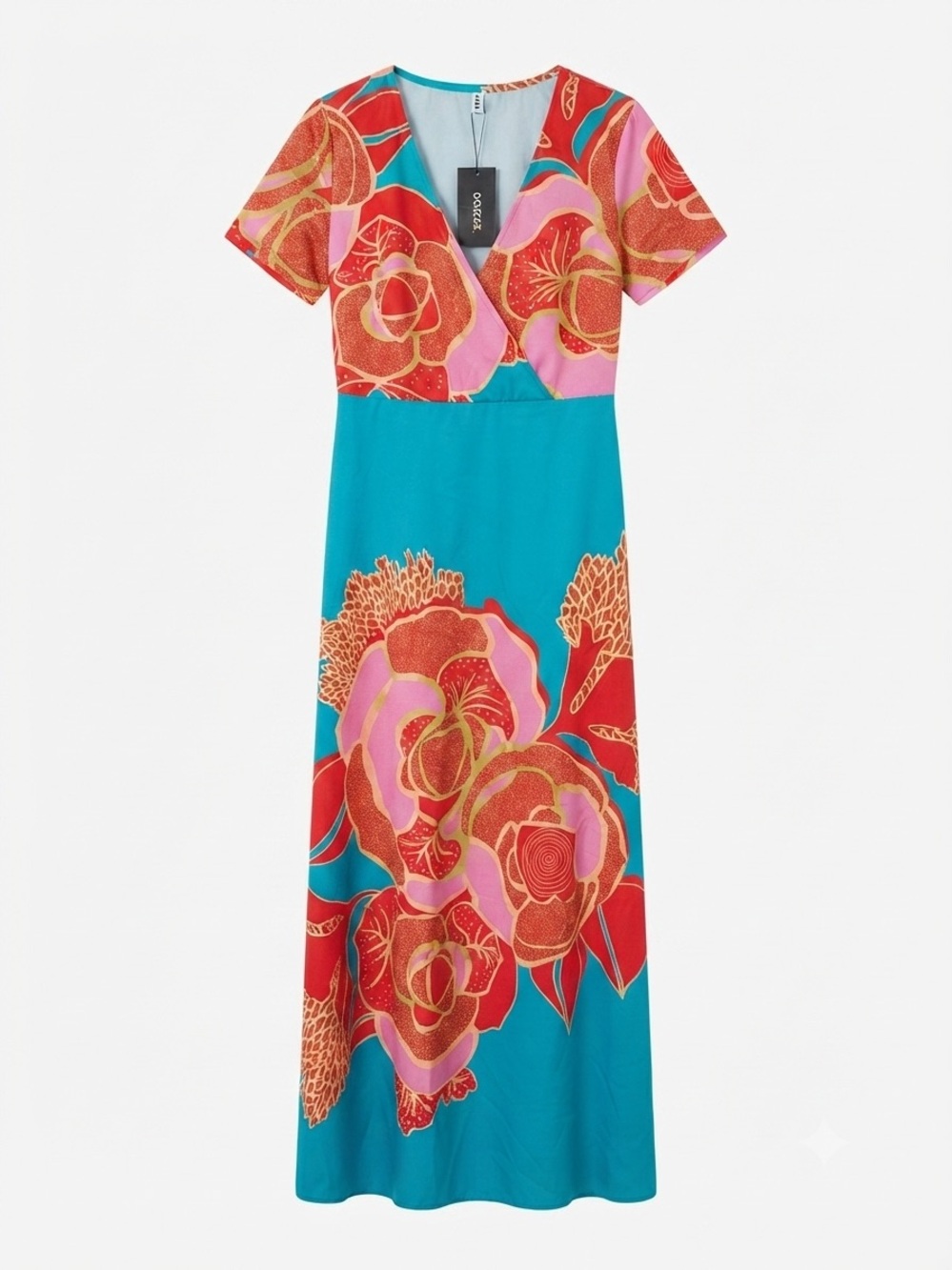 UOOZEE Floral Wrap Maxi Dress Teal Red Rose Print Boho Vacation L NWT - Picture 2 of 4